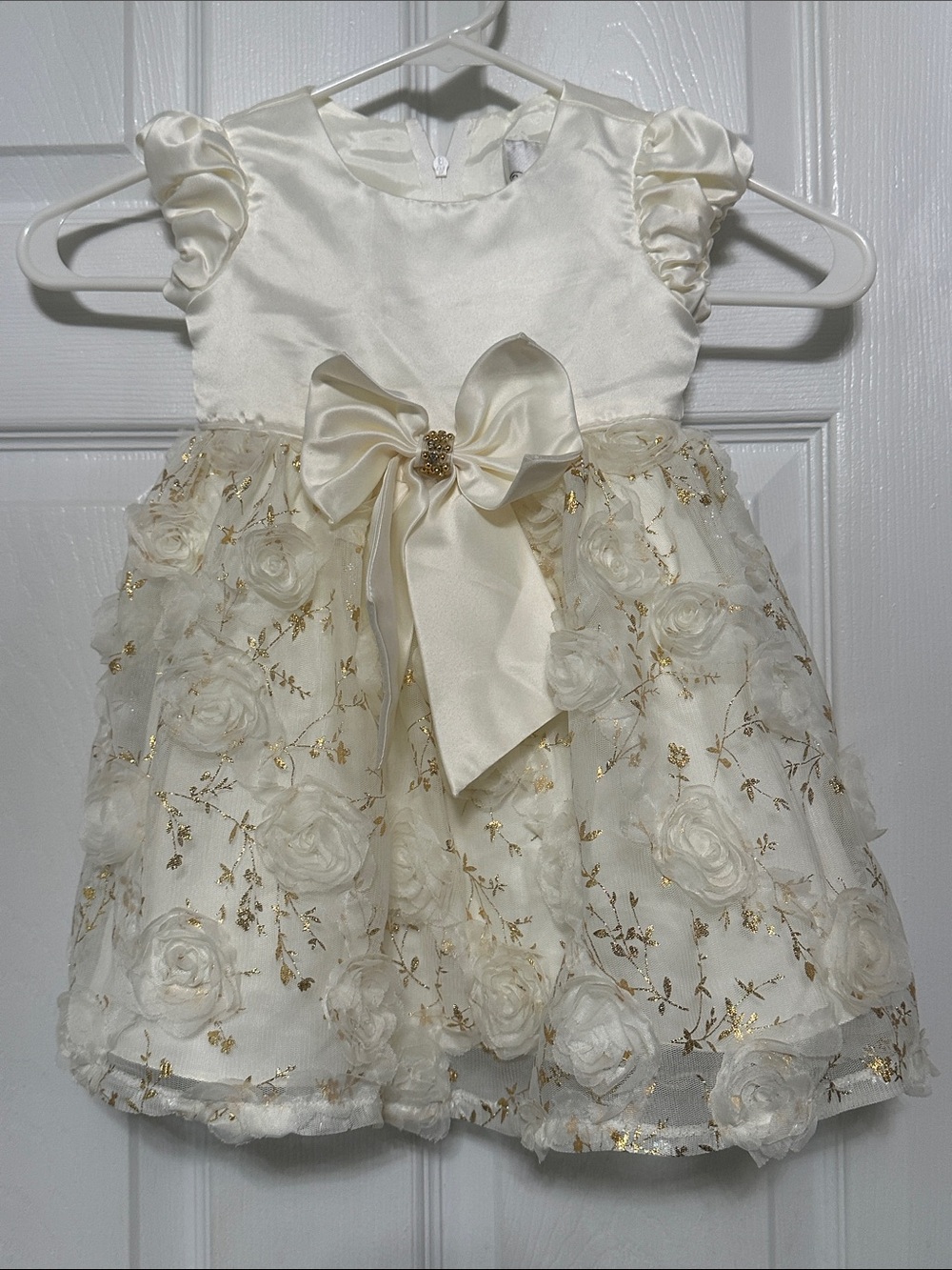 Rare Editions Ivory and Gold Floral Bow Party Dress
